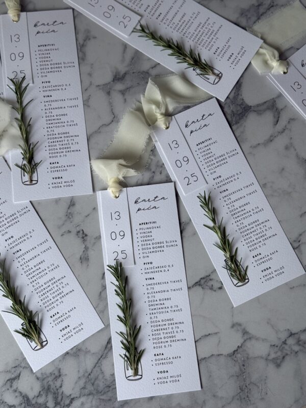 Fresh rosemary sprig on drink menu card for "Karta pića-ruzmarin" event, highlighting herbal garnish.