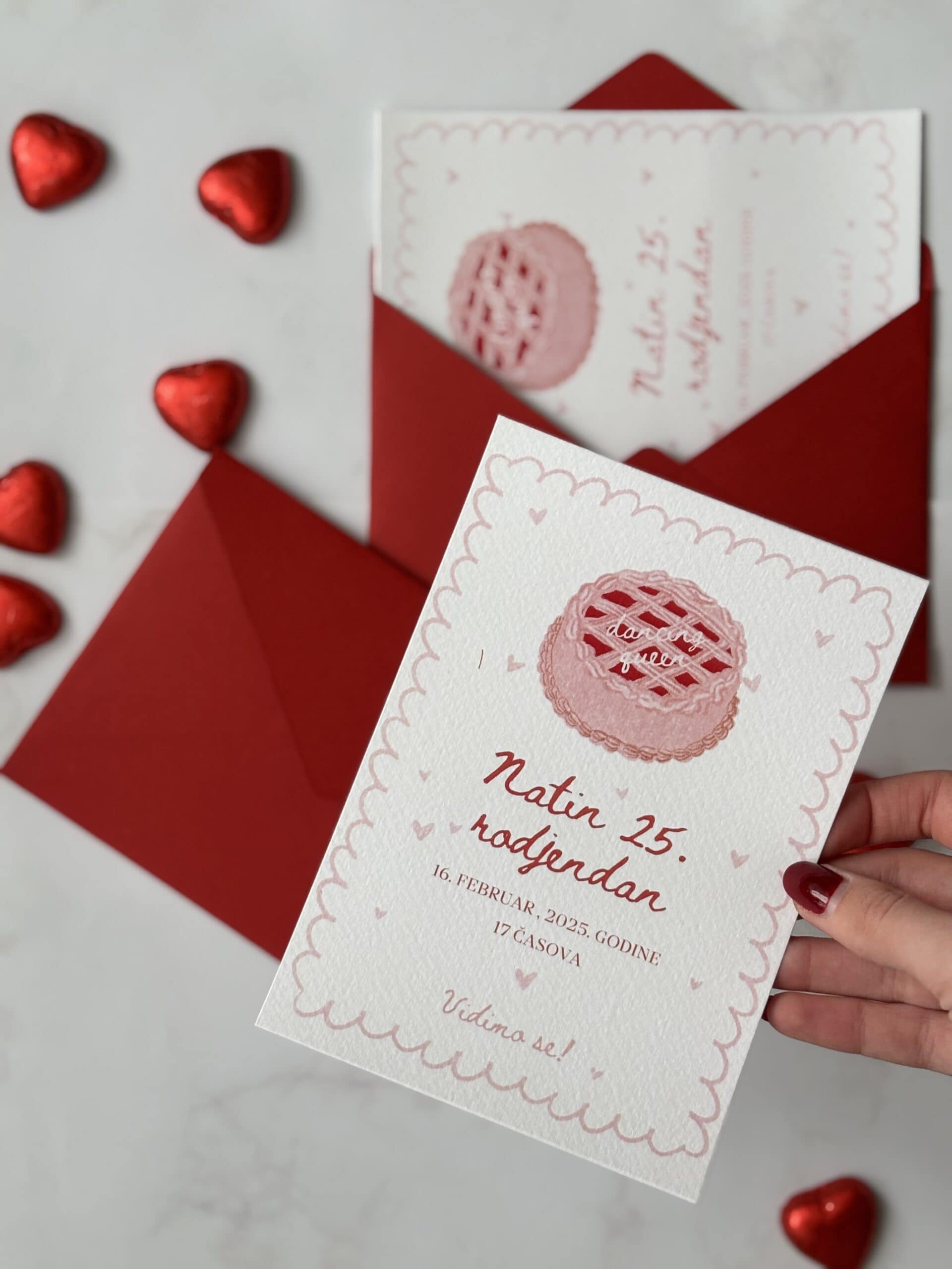 Invitation for 25th birthday party with elegant pink and white design.