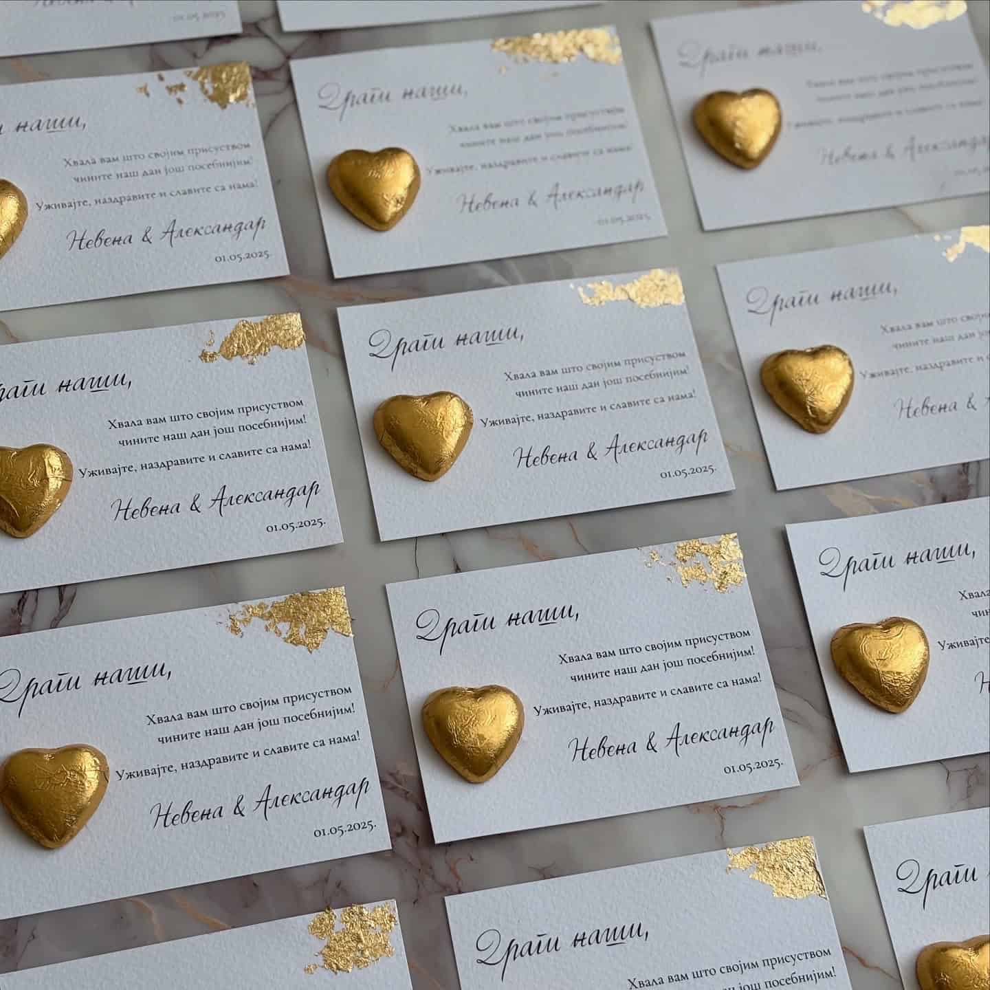 Wedding favor card with gold heart, personalized message, and elegant design.