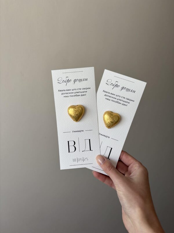 Golden heart-shaped chocolates on personalized greeting cards for special occasions.