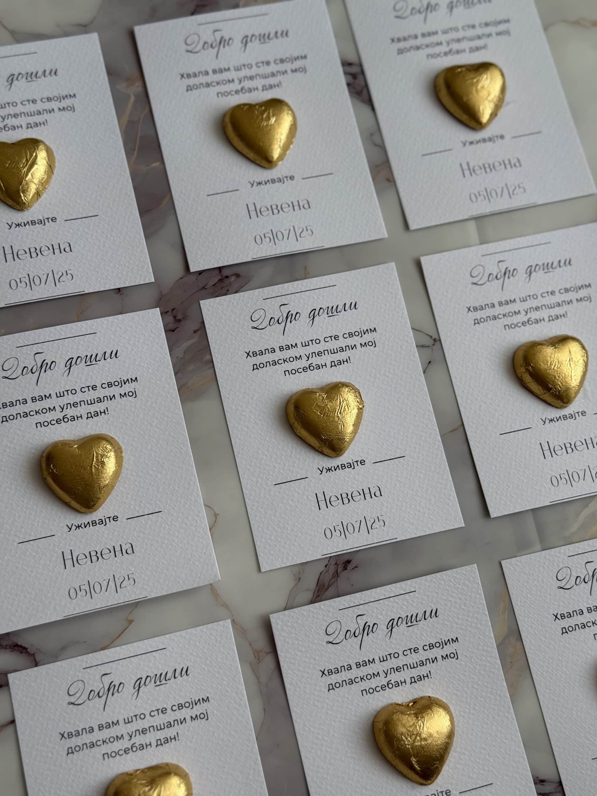 Heart-shaped gold chocolate favor with personalized thank you card for wedding guests.