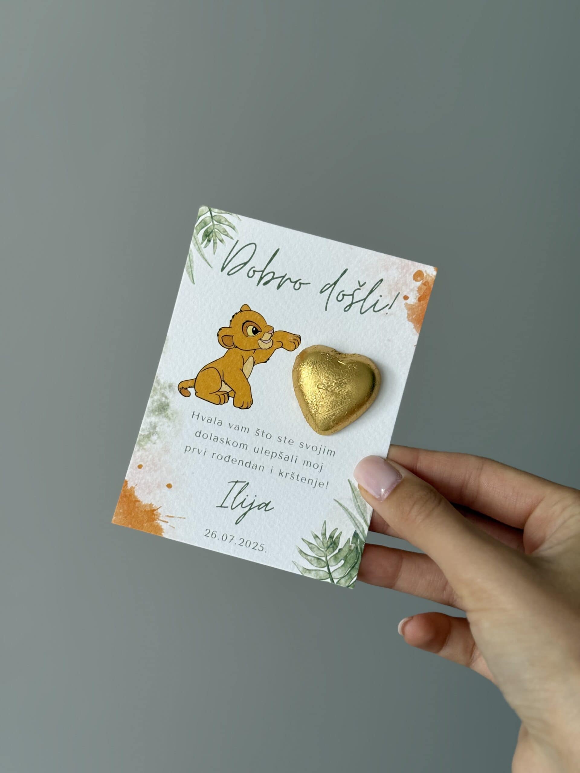 Thank You Card with Lion Illustration and Gold Heart.