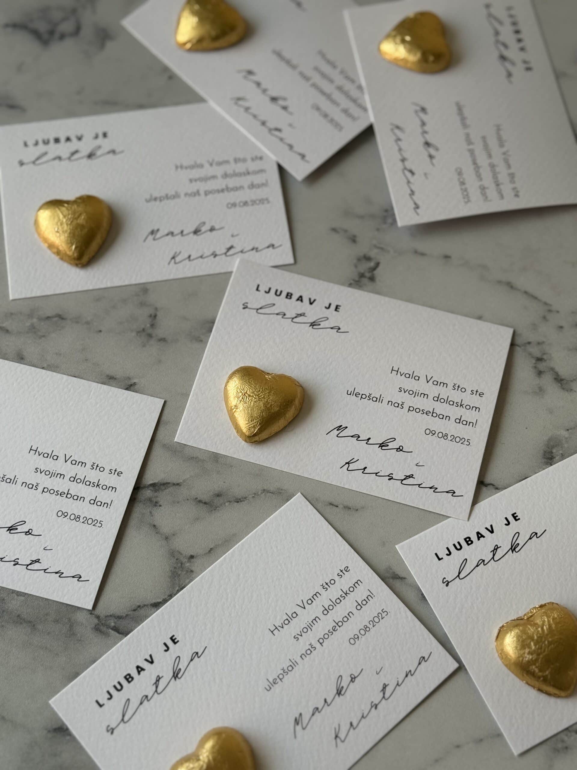Love is sweet thank you note with gold heart embellishments.