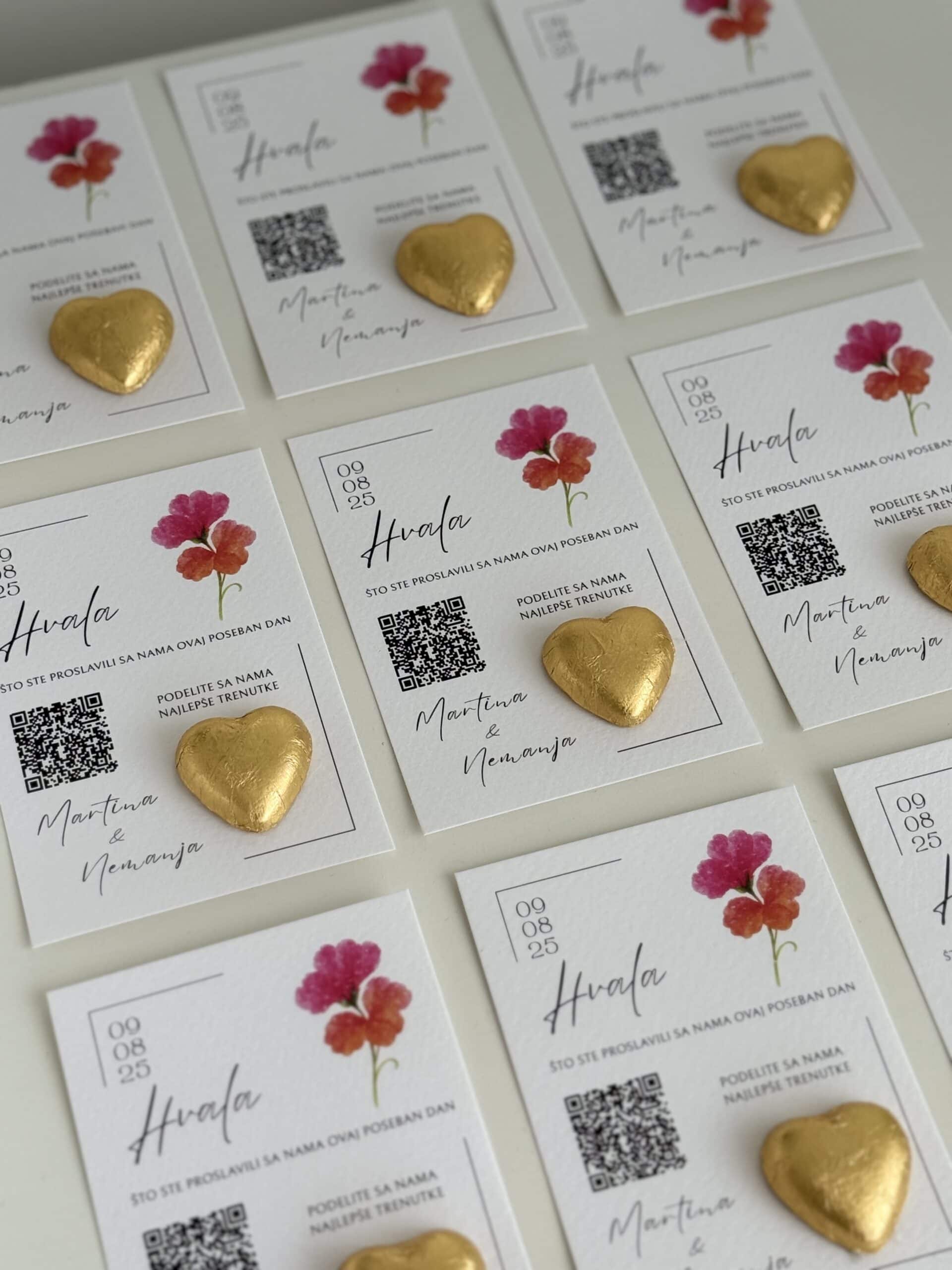Wedding thank you card with pink flower illustration and gold heart embellishment.