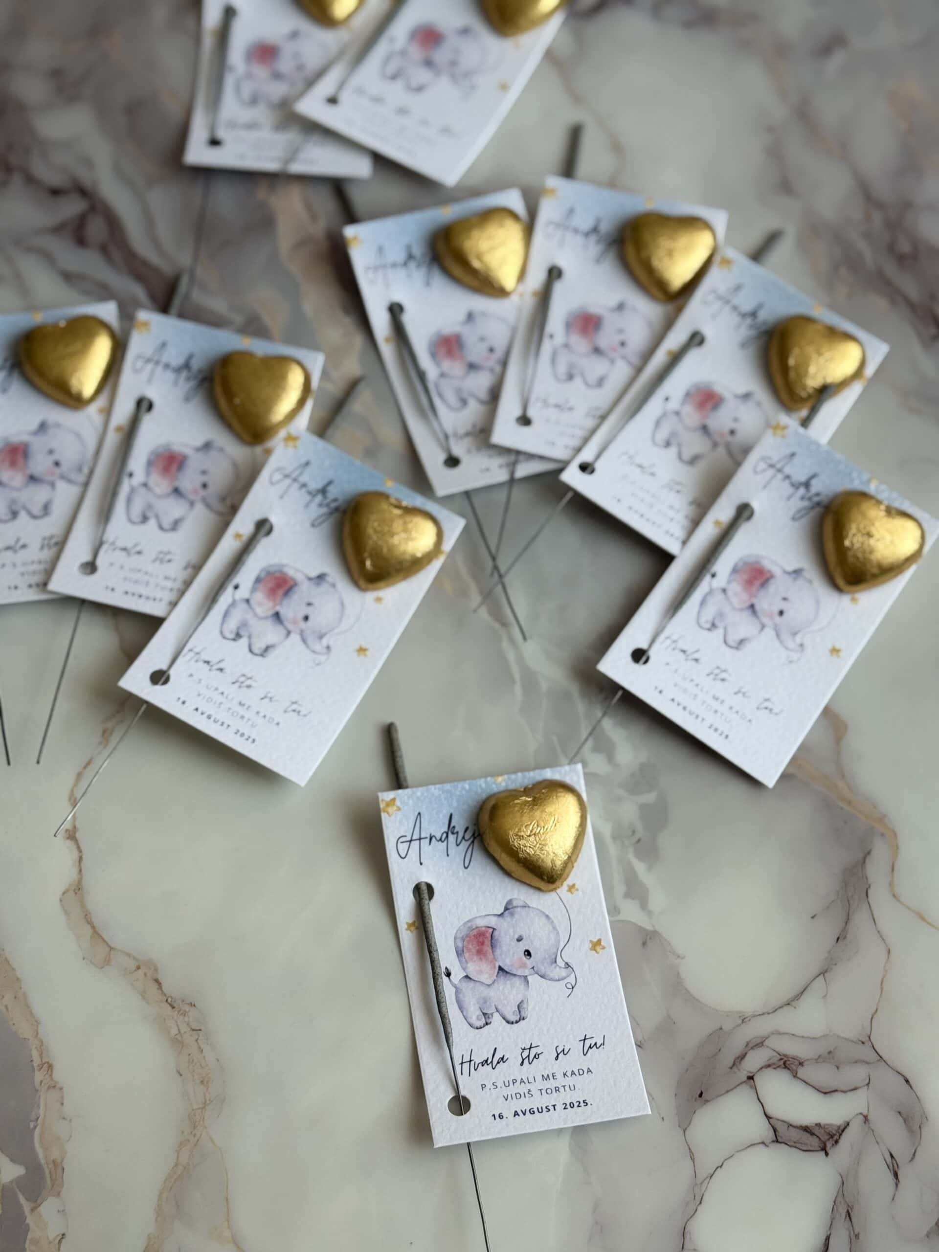 Personalized Dambo thank you cards with gold heart decorations for special occasions.