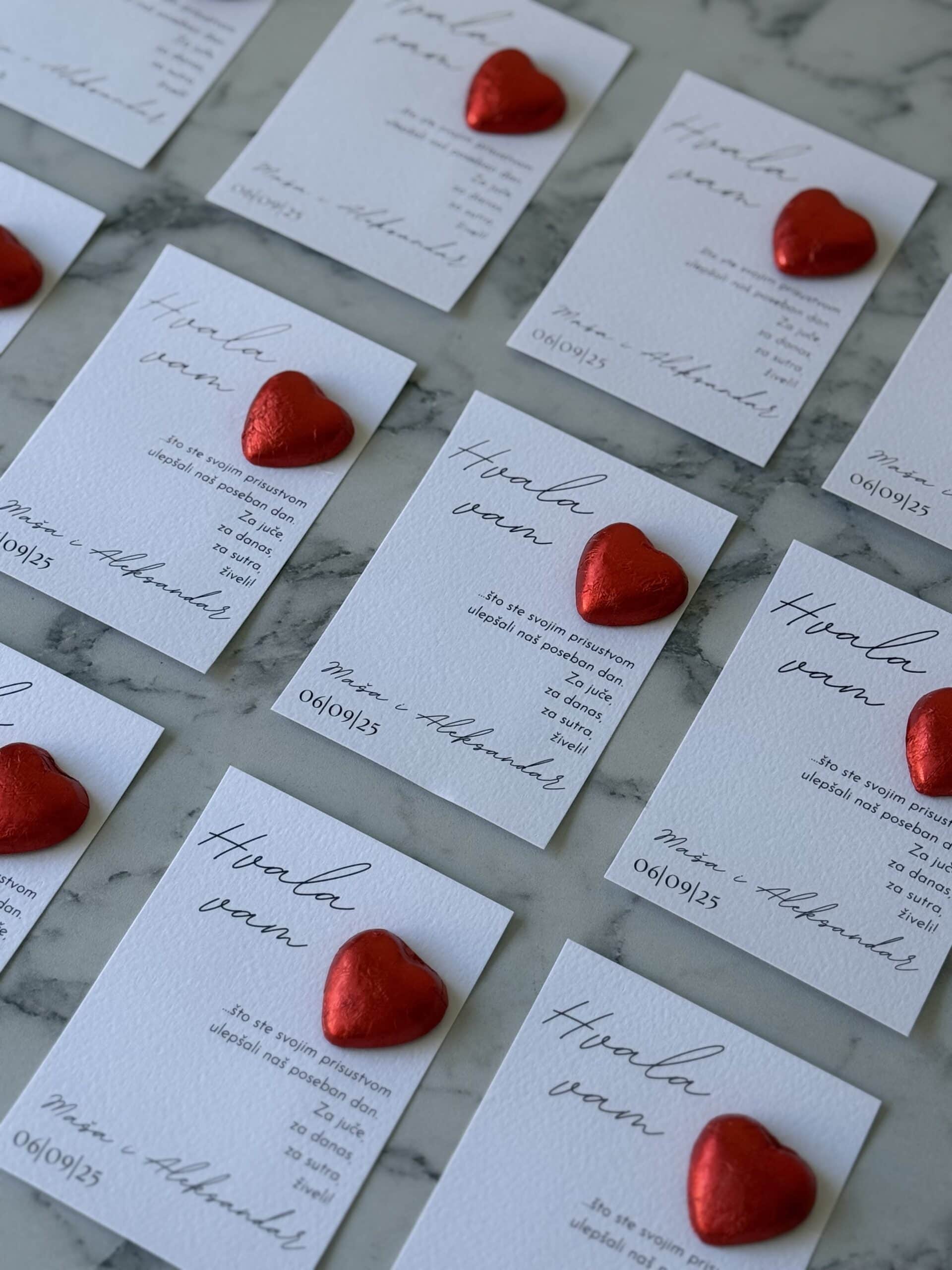 Thank you card with red heart embellishments for Zahvalnica M55 project.